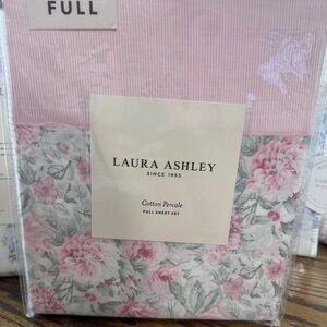 Laura Ashley ~ Pink Floral & Pinstripe Full Sheet Set 100% Cotton ~ 4 Piece Set